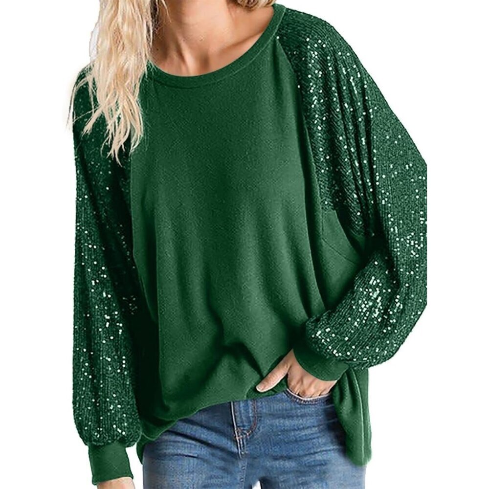 Women's Sequin Long Sleeve Top Glitter Shimmer Party Crewneck Loose Fit